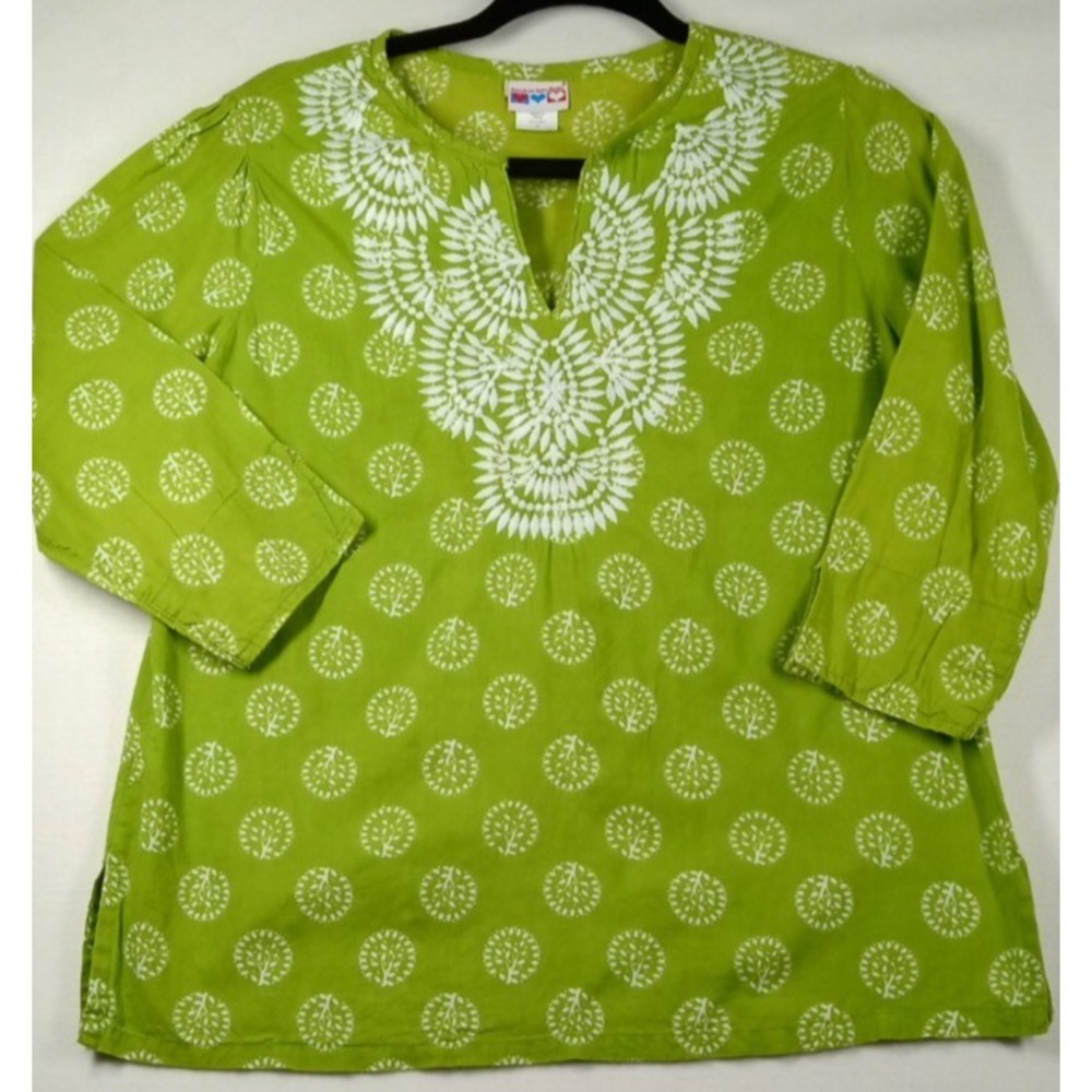 American Sweetheart Women's Tunic Embroiry S‎ Green V-neck  hippie 3/4 Sleeve